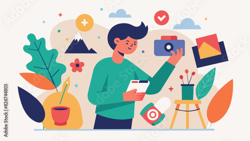 A person exploring different mediums and techniques from photography to printmaking in an art therapy session discovering new ways to express and heal. Vector illustration