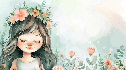 Delicate Watercolor Fairy with Floral Crown in Soft Toned Baby Nursery Featuring Gentle Flowers