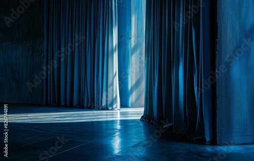 Blue velvet curtain with gold frame. Cinema or theater stage background.