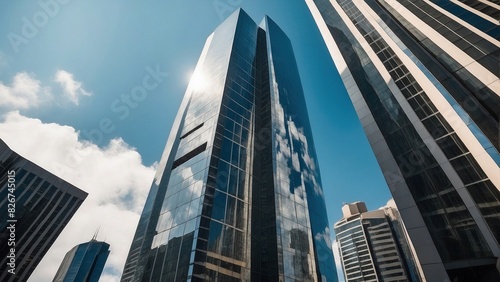 Bottom view of modern skyscrapers in the business district  business concept