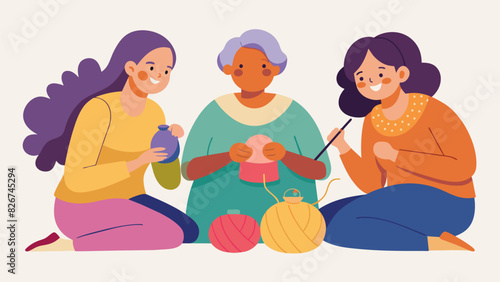 While knitting the women also share stories and memories strengthening their bond as they create soing meaningful together.. Vector illustration