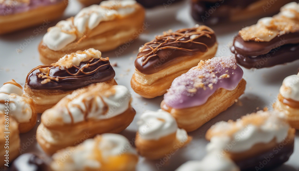 delicious eclairs with cream, copy space for text, above view
