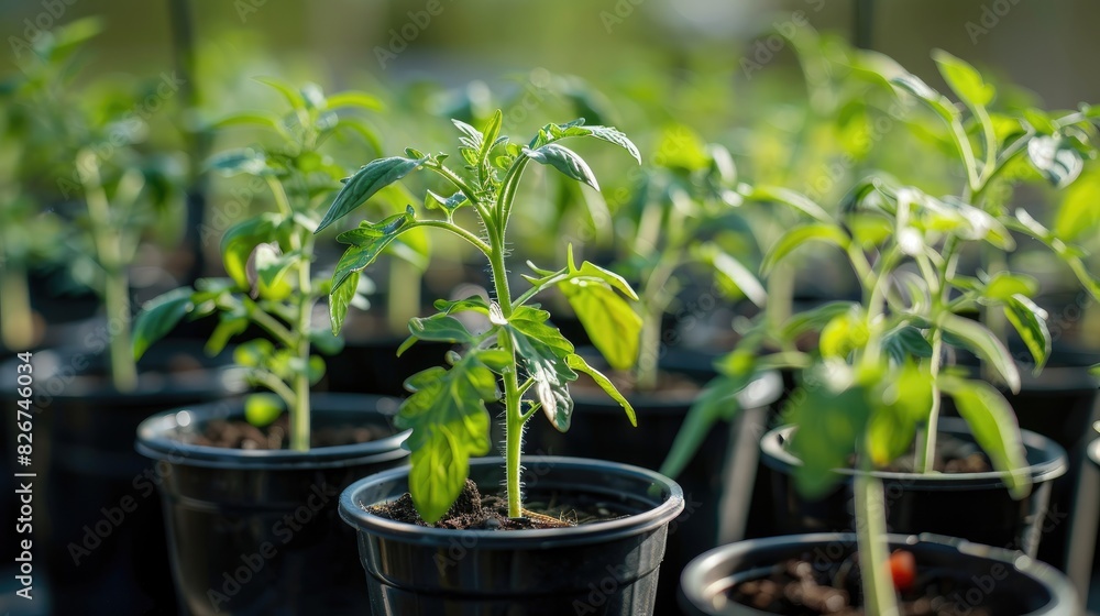 Growing vegetables in a garden A young tomato plant thrives in black plastic pots promoting health through fresh produce Growing vegetables in a garden A young tomato plant thrives in black plastic pots promoting health through fresh produce