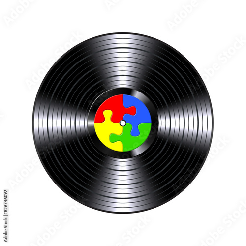 Long play vinyl record with four colorful puzzle circle in the middle.	