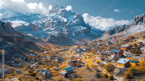 panoramic view of a huntergatherer encampment nestled among towering mountains captured with aerial drone photography to showcase the expansive landscape © Tatheer
