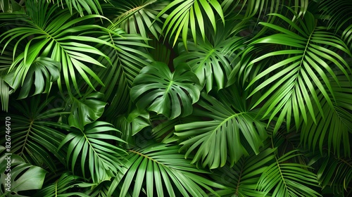 Lush Greenery of Palm Fronds in a Dense Jungle Environment   Verdant Foliage Backdrop