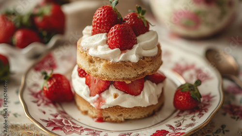 Retro Inspired Image of Strawberry Shortcake Served on a Flower Patterned Porcelain Plate