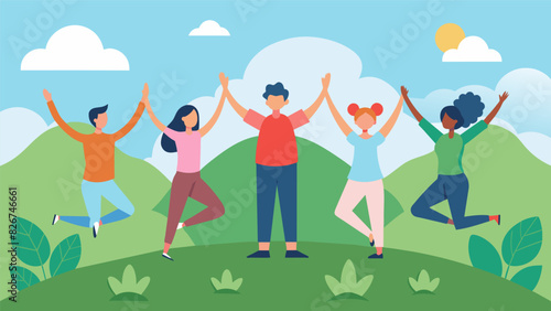 On a grassy hilltop a group of friends hold hands as they exude positive energy and gratitude for each other during their outdoor yoga practice.. Vector illustration