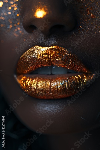 Glamorous close-up of woman with shimmering gold lipstick and glitter makeup
