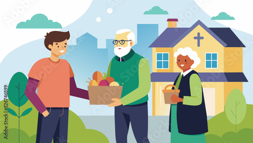 In a lowerincome neighborhood the pastor and church volunteers visit a homebound elderly man bringing him groceries and spending time with him to. Vector illustration