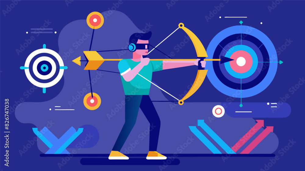 A virtual reality precision training program combining archery simulations with cognitive exercises.. Vector illustration A virtual reality precision training program combining archery simulations with cognitive exercises.. Vector illustration