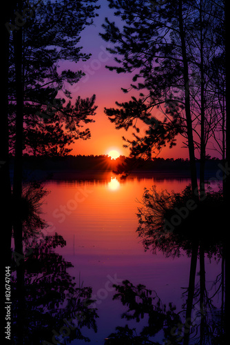 Serene Sunset Over Tranquil Lake Reflecting Vibrant Colors, Framed by Silhouetted Trees Evoking Peace and Natural Beauty