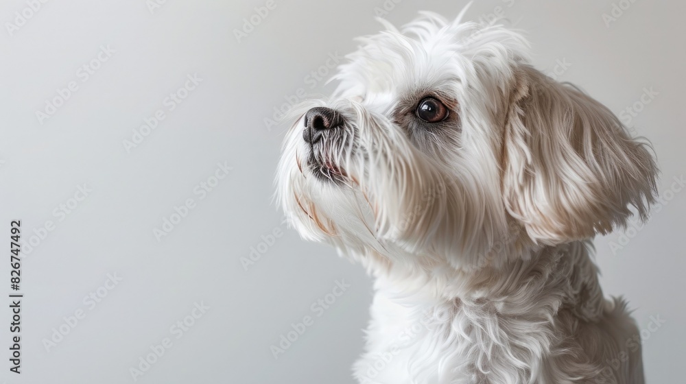 white background, studio portrait of a cute Maltese dog, close-up, side view, looking at the camera, white wall, soft light. white background, studio portrait of a cute Maltese dog, close-up, side view, looking at the camera, white wall, soft light.