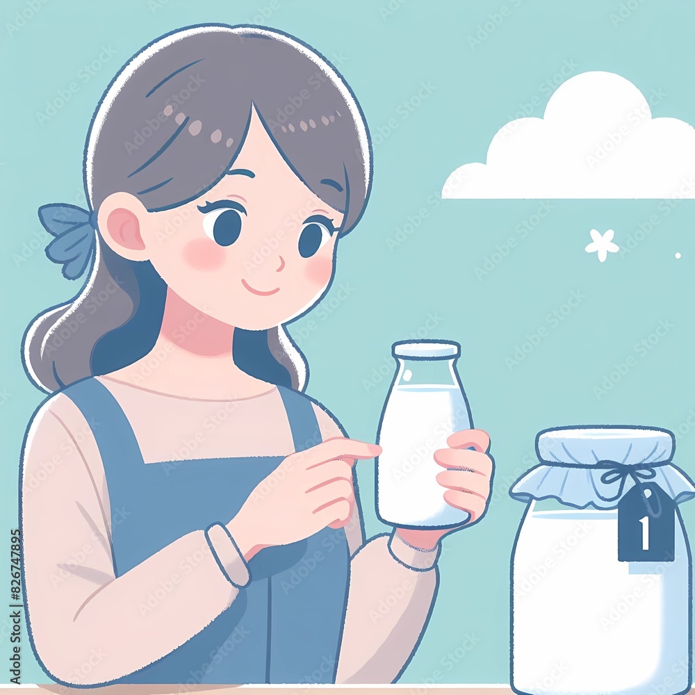 a cartoon of a woman holding a glass jar with a label that says milk girl buying milk in a store a cartoon of a woman holding a glass jar with a label that says milk girl buying milk in a store
