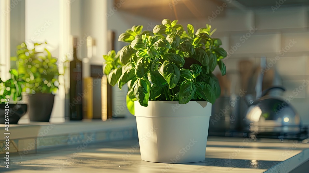 Small pot of basil or mint on kitchen counter, food photography style, with concrete texture background, plants and kitchen utensils, warm lighting, gray color palette. Small pot of basil or mint on kitchen counter, food photography style, with concrete texture background, plants and kitchen utensils, warm lighting, gray color palette.
