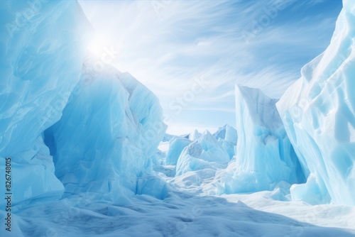 Serene Arctic Landscape With Majestic Icebergs Under A Clear Blue Sky. Generative AI