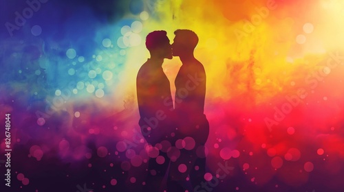 Vivid Connection: Abstract Rainbow Background with Silhouette of gay Couple, Manifesting the Deep Bond and Affection of Same-Sex Partnership in LGBT Relationship