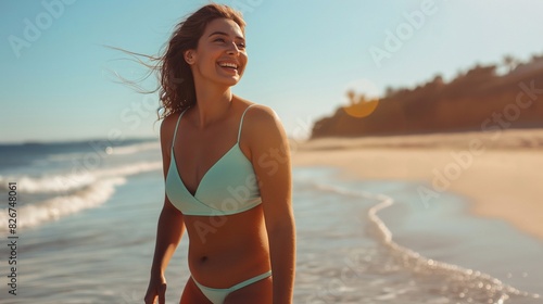 Radiant Vacation Bliss: A slender, sun-kissed woman in a swimsuit strolls along the tranquil sea coast, girl smiles with the joy of her seaside holiday getaway. The relaxation, rejuvenating escape
