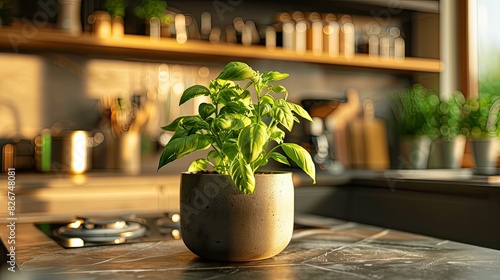 Small pot of basil or mint on kitchen counter, food photography style, with concrete texture background, plants and kitchen utensils, warm lighting, gray color palette.