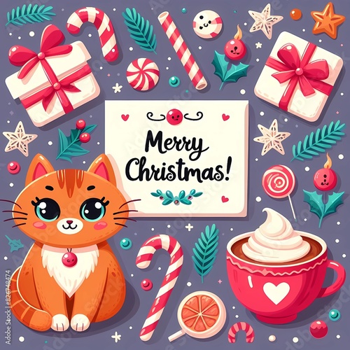 New Year's card with a cat, cute Christmas card with New Year's attributes, Santa Claus hat

