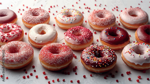 Pink donuts in dessert glaze. Composition of delicious sweet donuts in pink glaze. Baking donuts on a white background. Fresh bakery. Fried donuts.	
