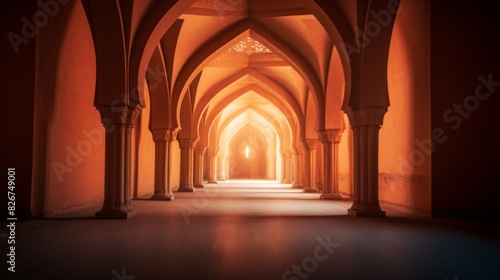 Majestic Archway Corridors Bathed In Warm Light In A Historical Building. Generative AI