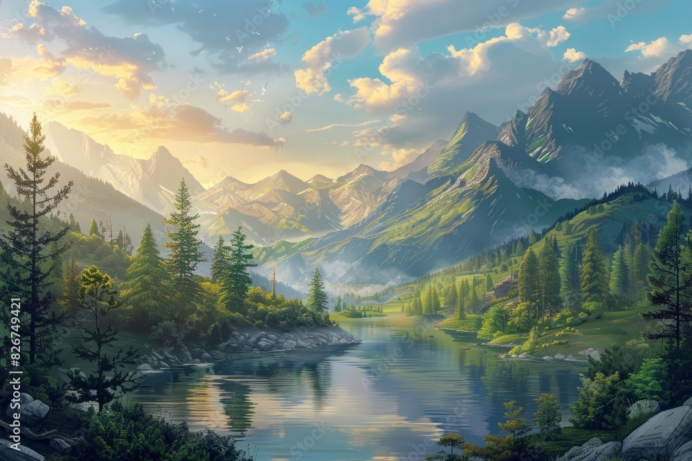 A serene landscape of mountains, rivers, and forests with a message about protecting natural habitats A serene landscape of mountains, rivers, and forests with a message about protecting natural habitats