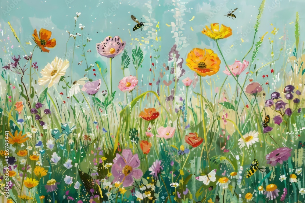 Fototapeta premium A vibrant scene of a meadow in full bloom with various wildflowers and insects, celebrating natural beauty 