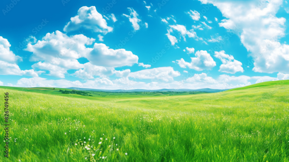 Obraz premium Green Hills Meadows Under Blue Sky White Clouds Panorama Banner