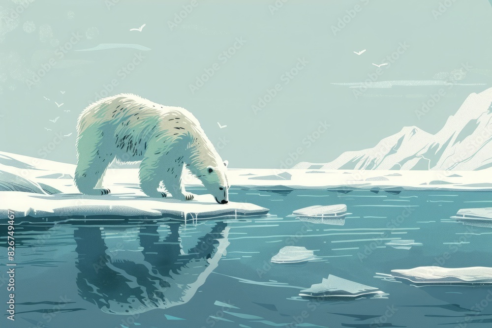 An illustration of a polar bear on melting ice, raising awareness about climate change and its impact on wildlife