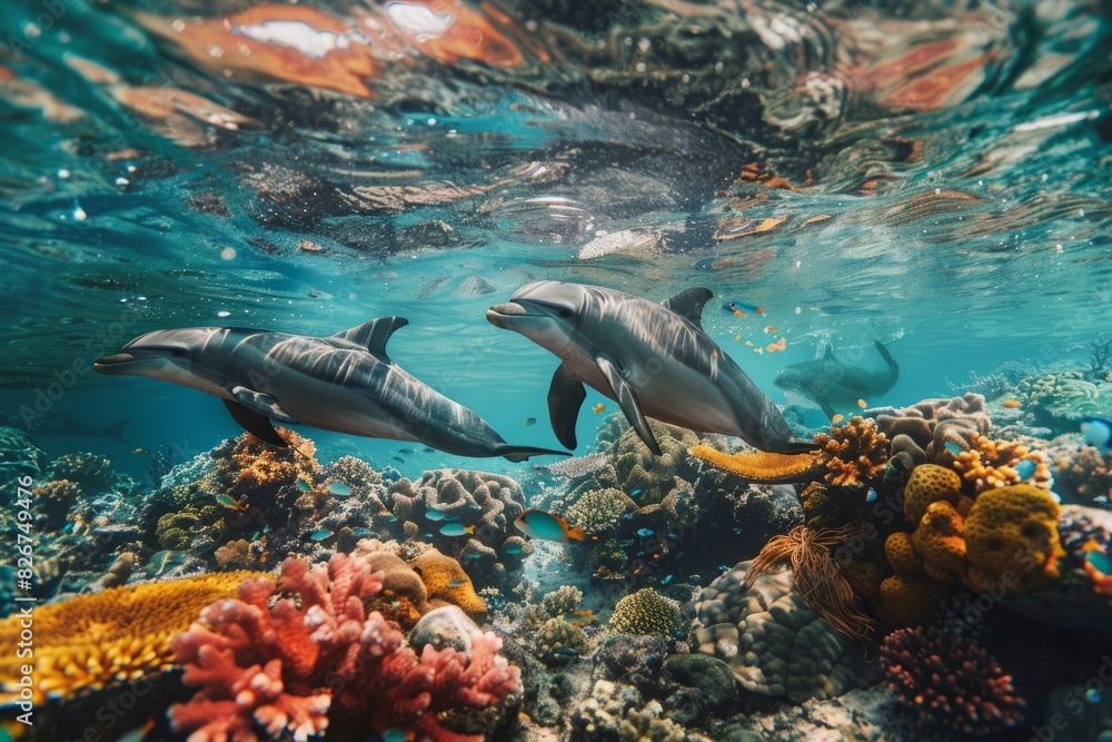 Obraz premium An underwater world with dolphins, turtles, and corals, highlighting the beauty and fragility of marine life 
