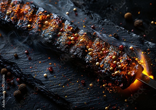 Grilled Skewer With Spices on Black Slate Background Shown in Macro View