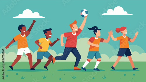 With cheers and shouts of encouragement the players pass the ball strategically down the field.. Vector illustration