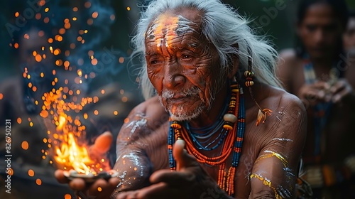 tribal elder teaching the art of firemaking to the younger generation captured with candid photography to convey authenticity