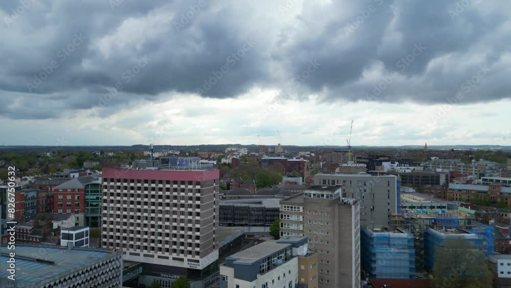Aerial View of Central Historical Nottingham City Centre Downtown of England, Great Britain. April 26th, 2024 Aerial View of Central Historical Nottingham City Centre Downtown of England, Great Britain. April 26th, 2024