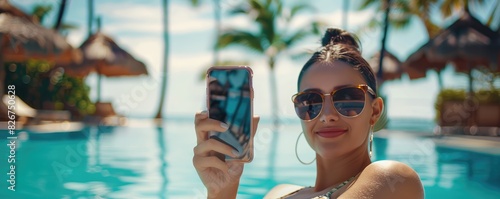 The images depict a young woman enjoying a sunny day by the pool. She is holding a smartphone, capturing the moment while relaxing.
