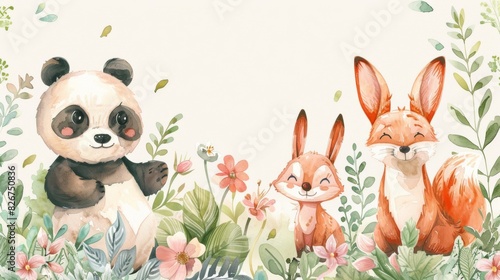 Pastel Themed Baby Nursery Watercolor Illustration Featuring a Plush Panda, Inquisitive Bunny, and Cheerful Fox Amidst Floral Accents