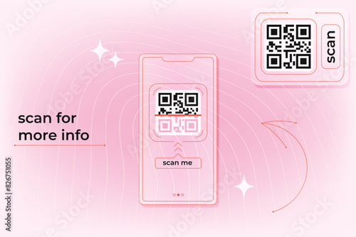 QR code scan with smartphone. Abstract cute pink template. Soft gradient background. Modern outline Y2K.