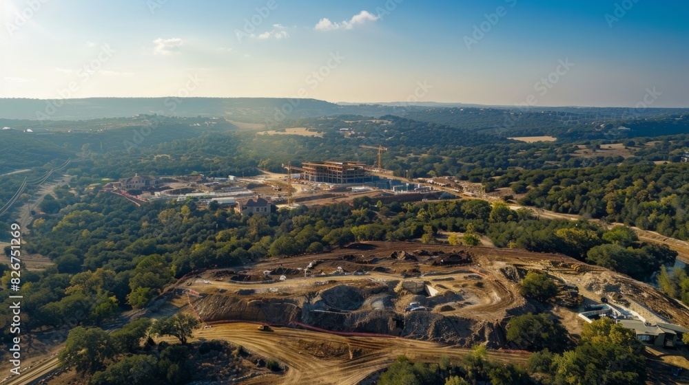 As the drone flies higher it captures stunning vistas of the surrounding landscape framing the construction site in its midst.