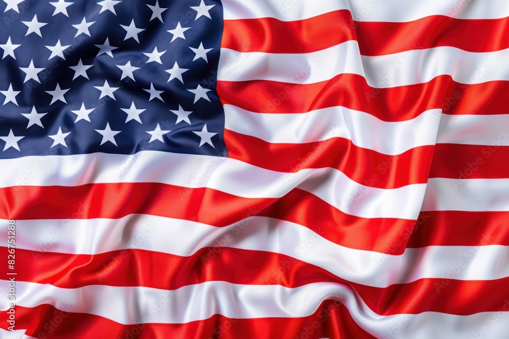 Fototapeta premium Silk American flag waving. Patriotic and national pride concept. Design for poster, banner, and greeting card.