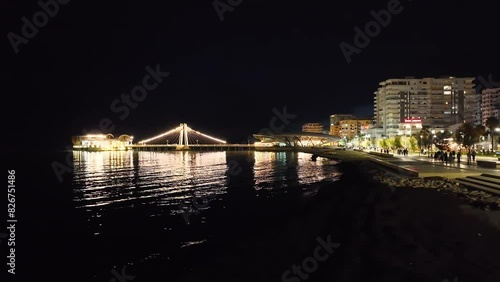 Pier and Promenade in Durres from a drone at night, Adriatic Sea, Albania, Europe	 photo