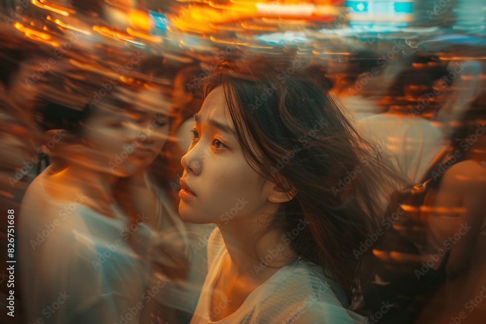 Obraz premium Young Woman in White Shirt Walking Through Busy City Street at Night