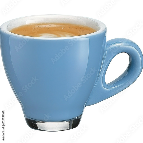 The image shows a blue ceramic espresso cup filled with espresso coffee. The cup has notable features such as a cylindrical shape with a smooth surface, a single handle on one side, and a round base w