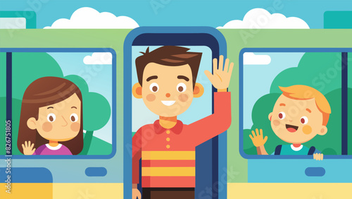 A young boy excitedly waving goodbye to his parents from the bus window ready for a lifechanging experience on the mission trip.. Vector illustration