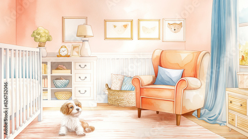 Pastel Colored Watercolor Illustration Featuring Playful Dogs in a Cozy Baby Nursery Room Setting