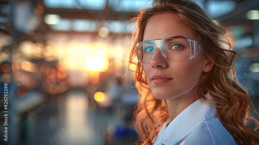 : Female Scientist in Protective Eyewear Working in a Modern Laboratory at Sunset : Female Scientist in Protective Eyewear Working in a Modern Laboratory at Sunset