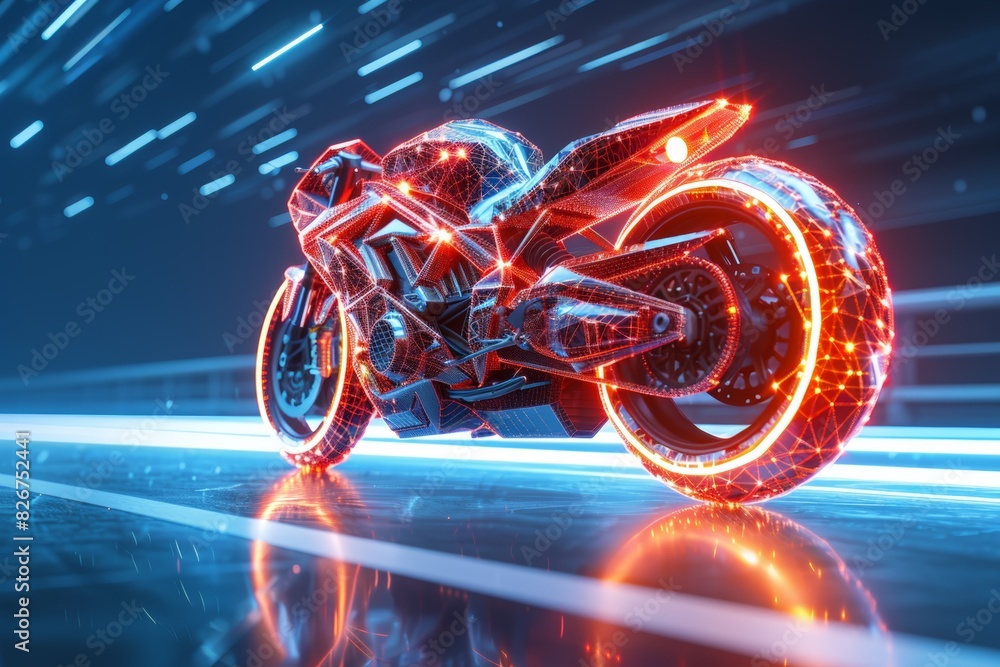 Fototapeta premium Futuristic neon motorcycle with glowing lines speeding on a digital highway