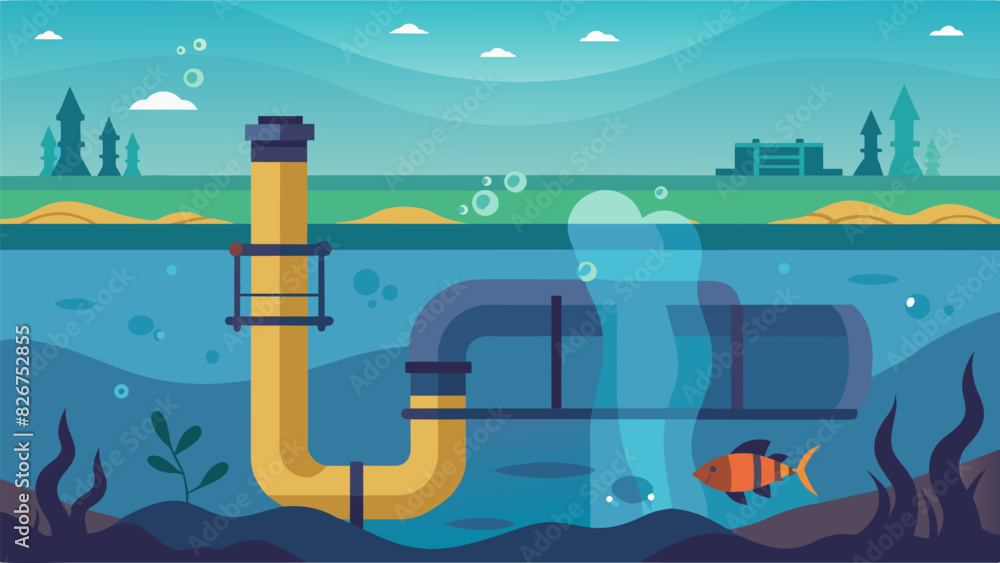 Naklejka premium The underwater world is disrupted by the subsea oil pipeline a necessary intrusion to fuel our modern way of life.. Vector illustration