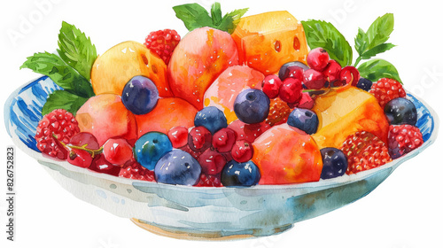 Colorful Watercolor Painting of Fresh Fruit Salad with Melon  Berries  and Mint on a White Background