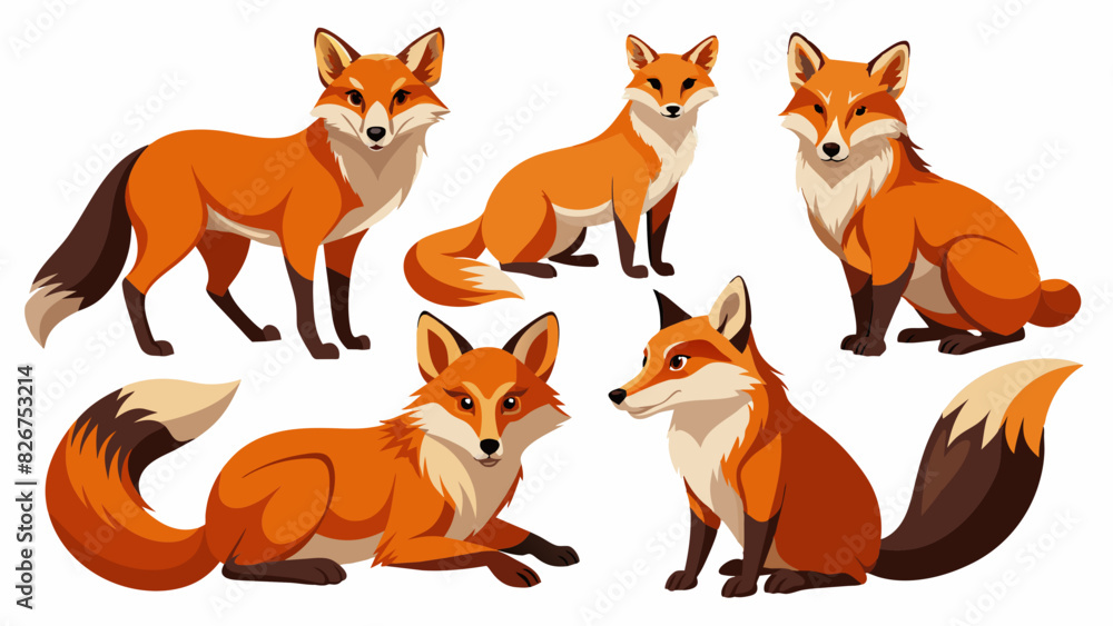 Fox Vector Set, In Different Poses Like Sitting And Standing, Collection Of Fox , Animal Vector 
